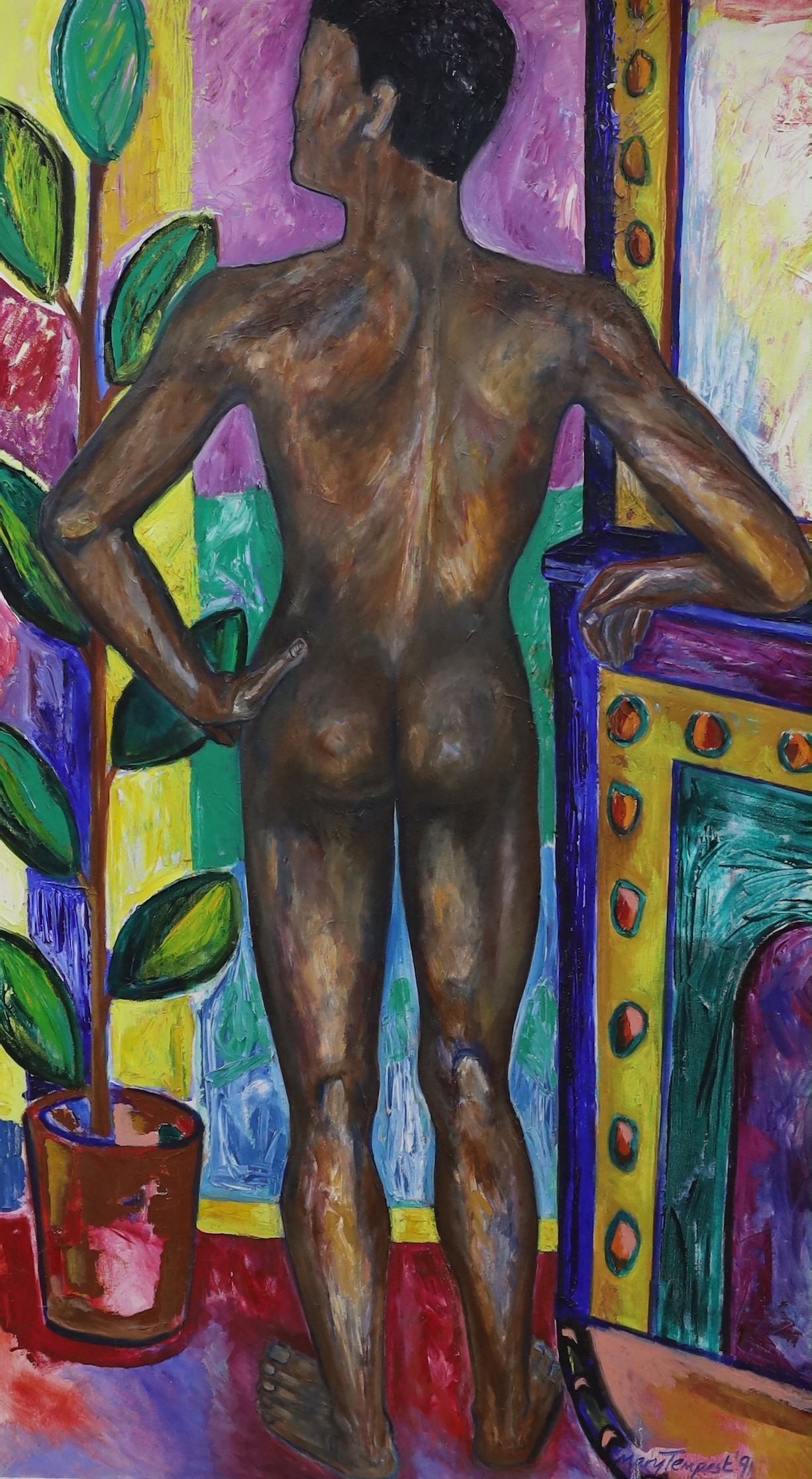 Mary Tempest (20th C.), oil on canvas, Standing male nude, signed and dated '91, 120 x 69cm